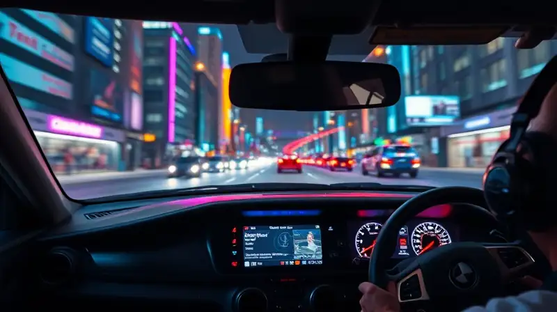 Interior de auto de carrera en ciudad futurista
