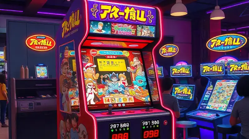 Máquina arcade colorida con personajes retro