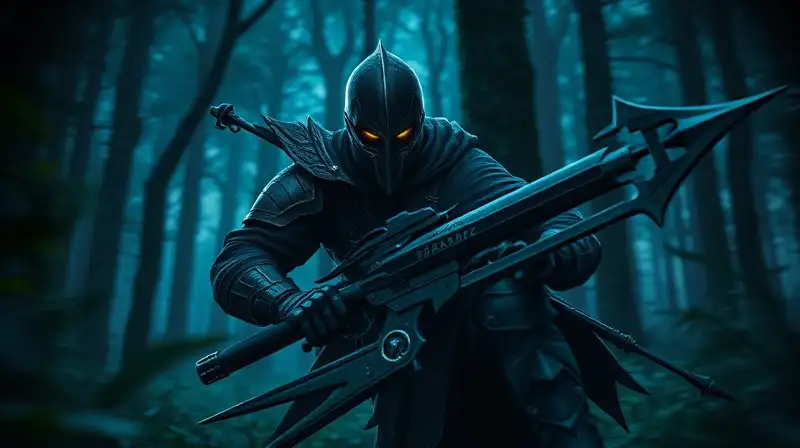 Cazador sigiloso en bosque oscuro místico