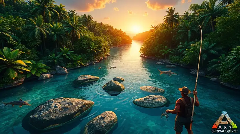 Río tropical con pesca, criaturas flotantes y atardecer