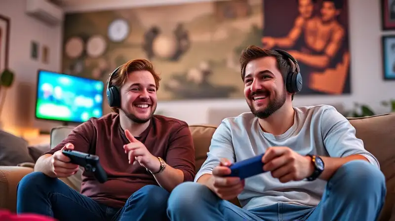 Dos gamers juegan juntos con alegría