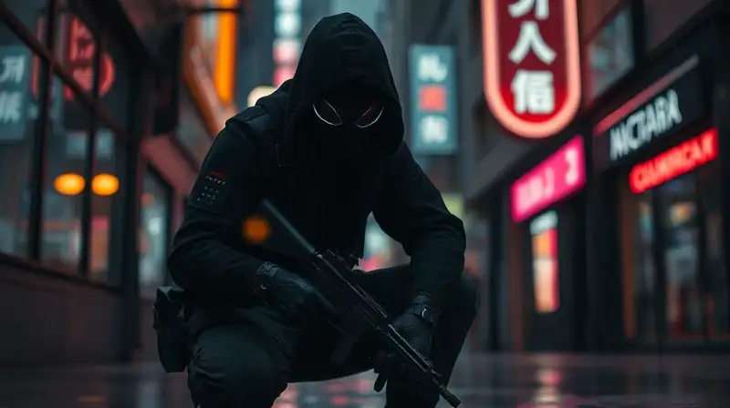 Agente sigiloso en ciudad lluviosa y oscura
