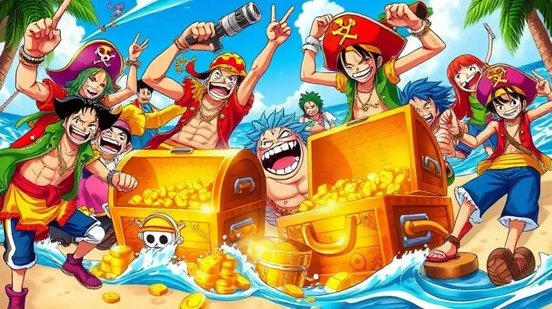 Tripulación pirata celebra victoria con tesoros