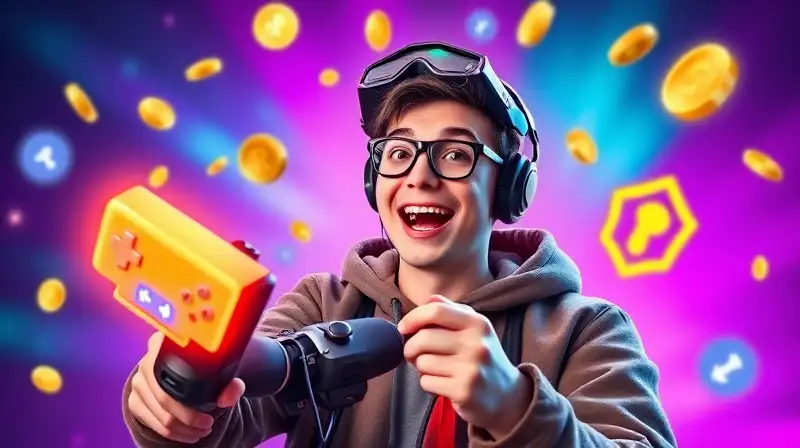 Gamer alegre con control y monedas brillantes