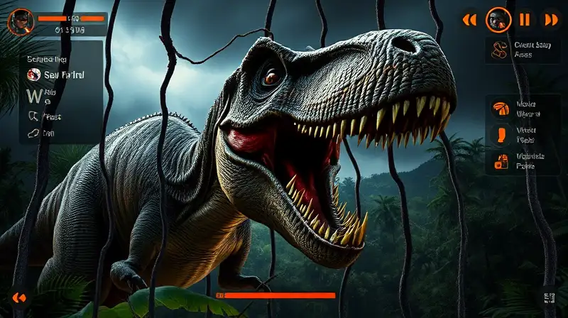 Dinosaurio feroz ruge en jungla tormentosa