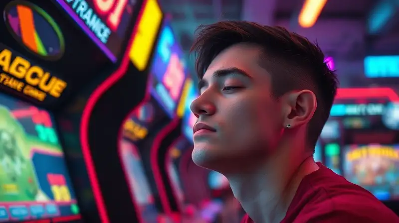 Gamer concentrado en arcade futurista vibrante