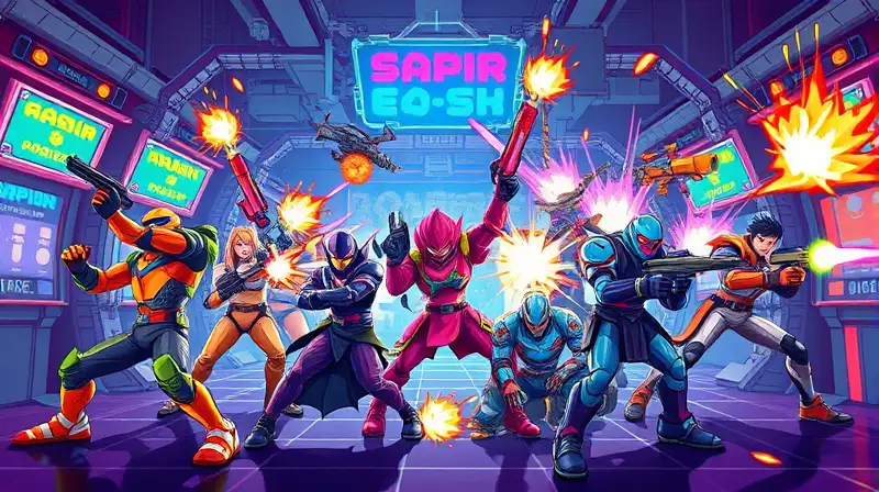 Escena arcade futurista con batalla intensa