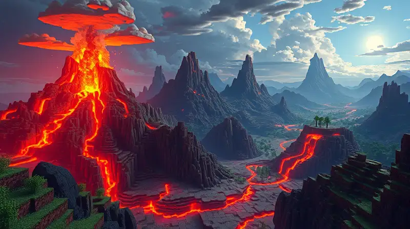 Volcán en erupción en mundo pixelado
