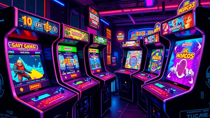 Máquinas arcade retro con luces neón vibrantes