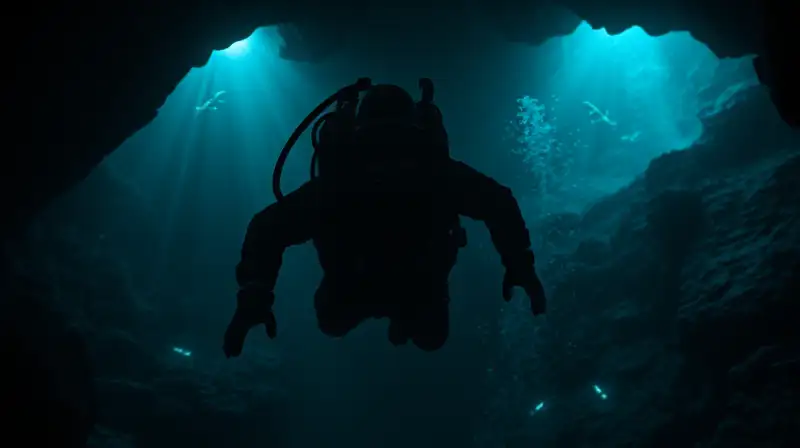 Buzo explora cuevas oscuras con bioluminiscencia
