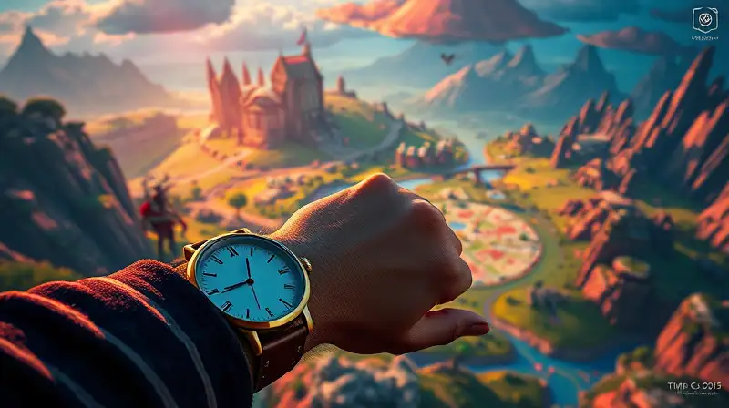 Jugador con reloj planifica en mundo fantástico