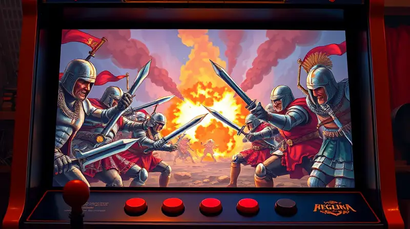 Máquina arcade retro con batalla épica pixelada