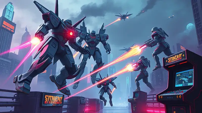 Ciudad futurista con mechas en combate