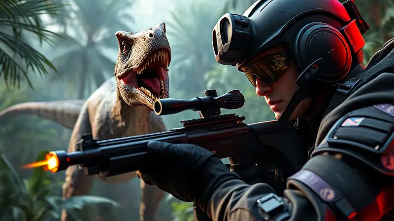 Gamer hábil dispara dardo, velociraptor en acción