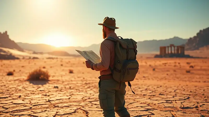 Explorador solitario en desierto al atardecer