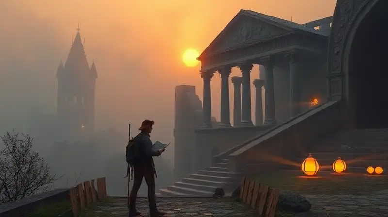 Explorador solitario en ruinas mágicas al atardecer