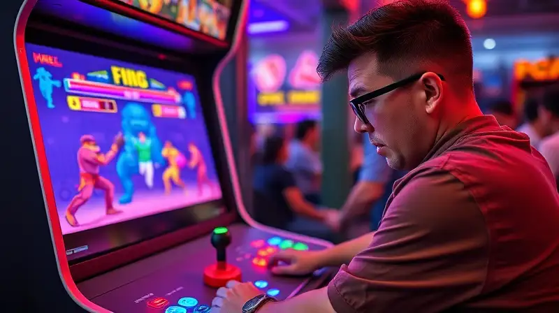 Jugador novato frustrado en arcade vibrante