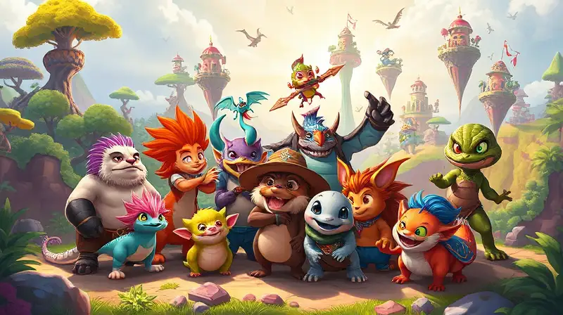 Criaturas diversas colaboran en paisaje fantástico vibrante