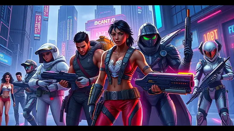 Ciudad futurista vibrante con personajes variados