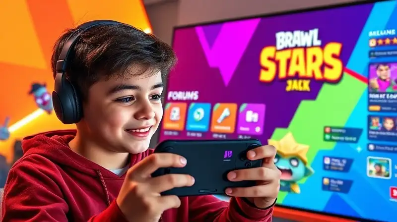 Joven gamer con smartphone y personajes coloridos