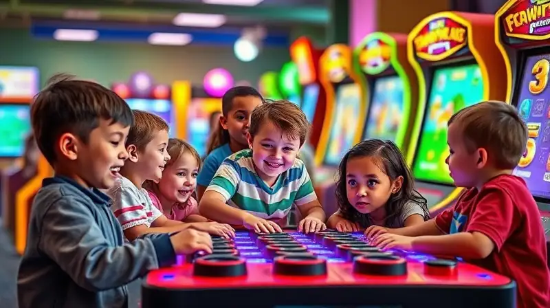 Niños aprenden jugando juntos en arcade