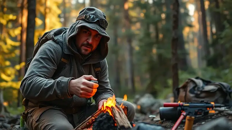 Superviviente hace fuego en bosque detallado