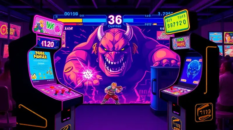 Arcade retro con batalla intensa y colores vibrantes