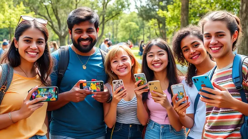 Amigos felices jugando Pokémon GO al aire libre