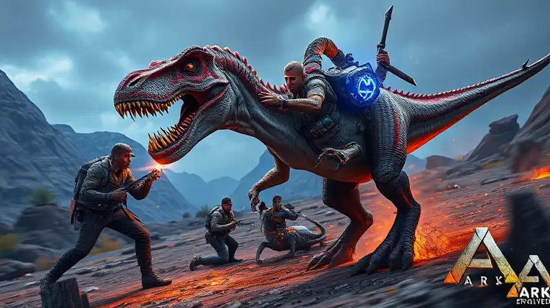 Dinosaurio feroz domesticado en batalla futurista