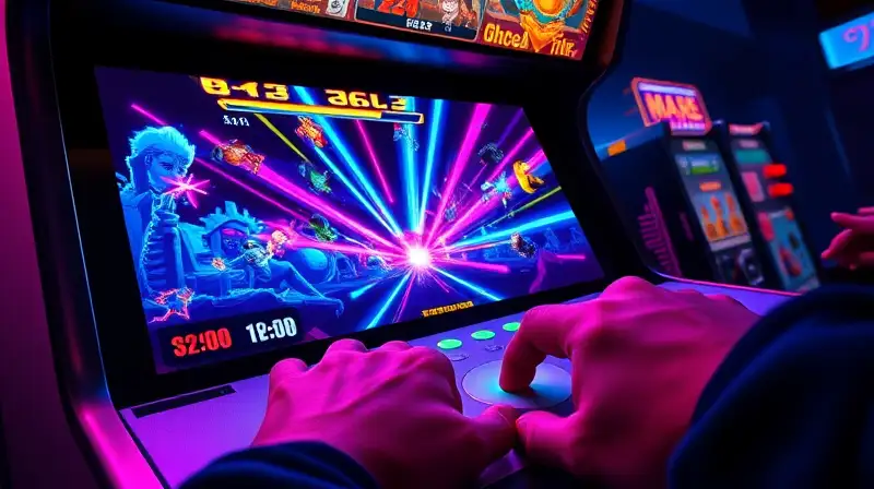 Jugador intenso en pantalla arcade vibrante