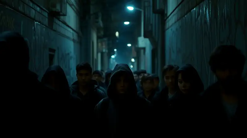 Calle urbana nocturna, ambiente tenso y oscuro