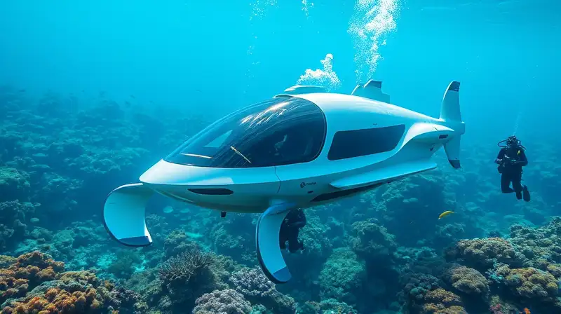 Vehículo submarino futurista explora arrecife vibrante