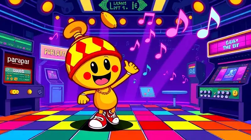 Personaje colorido en juego rítmico retro