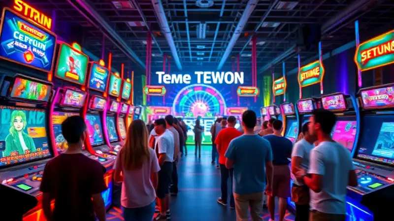 Pantalla arcade vibrante con jugadores diversos