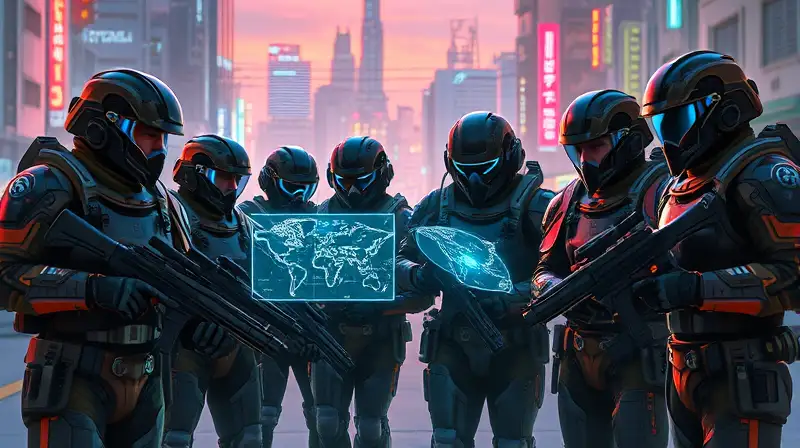 Soldados futuristas planean acción en ciudad neón