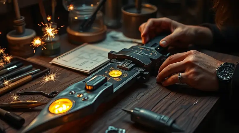 Manos ensamblando armas con energía brillante