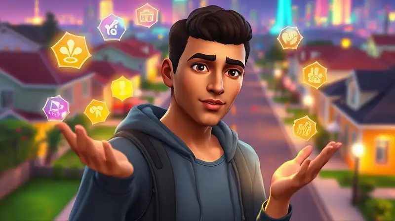Personaje Sims descubre habilidades con efectos brillantes