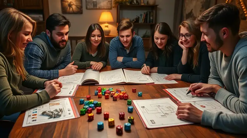 Amigos juegan RPGs con dados coloridos