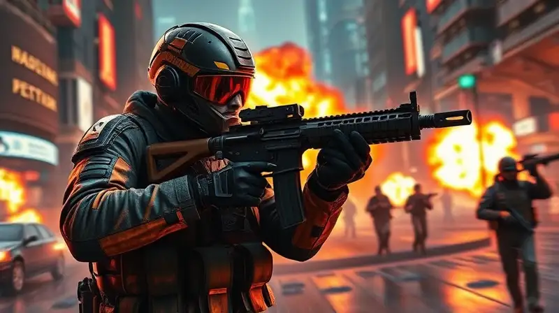 Soldado futurista en batalla urbana dinámica