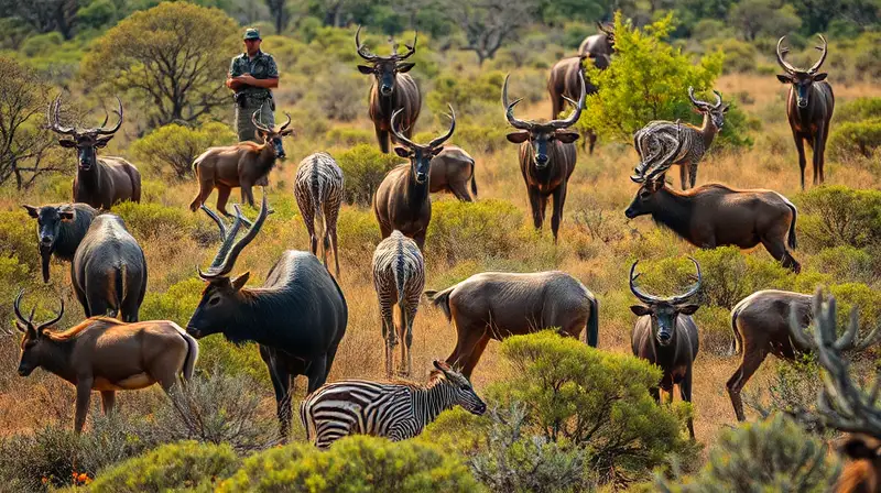 Animales salvajes y cazadores en ecosistema natural