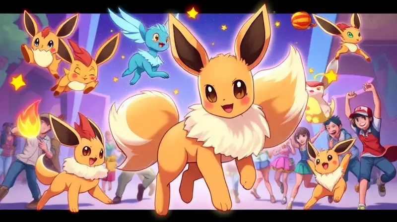 Eevee dinámico con evoluciones brillantes y entrenadores