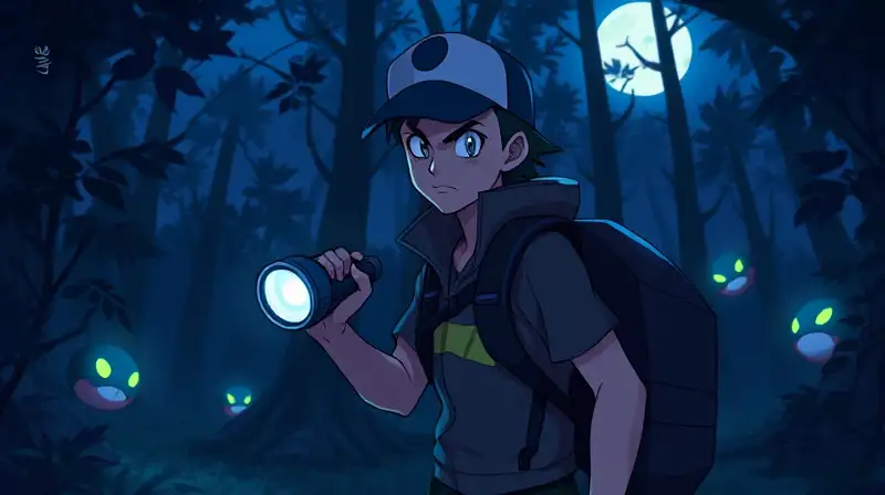 Entrenador Pokémon decidido en bosque nocturno