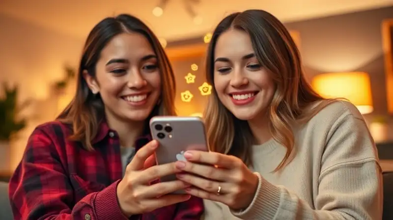 Dos amigos felices intercambian smartphone con notificaciones