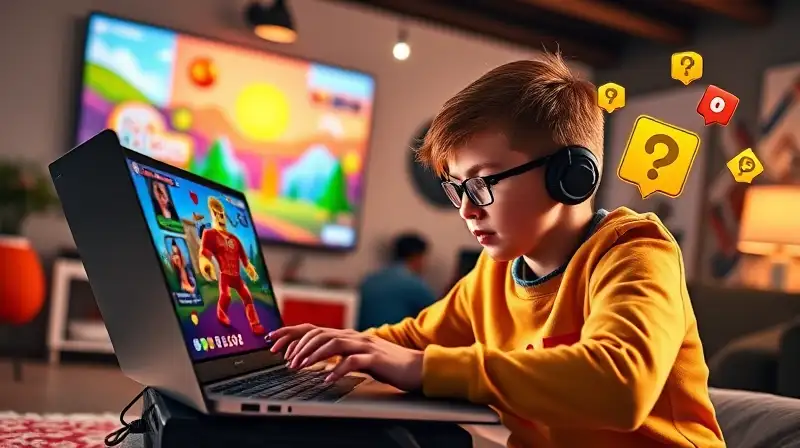 Jugador concentrado juega Roblox en laptop