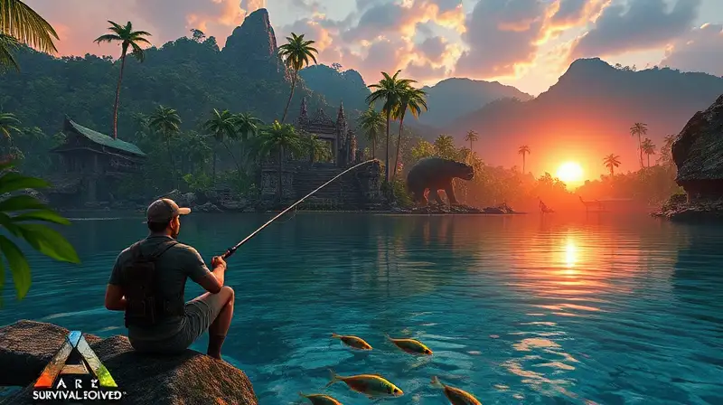 Jugador pesca junto a lago prehistórico vibrante