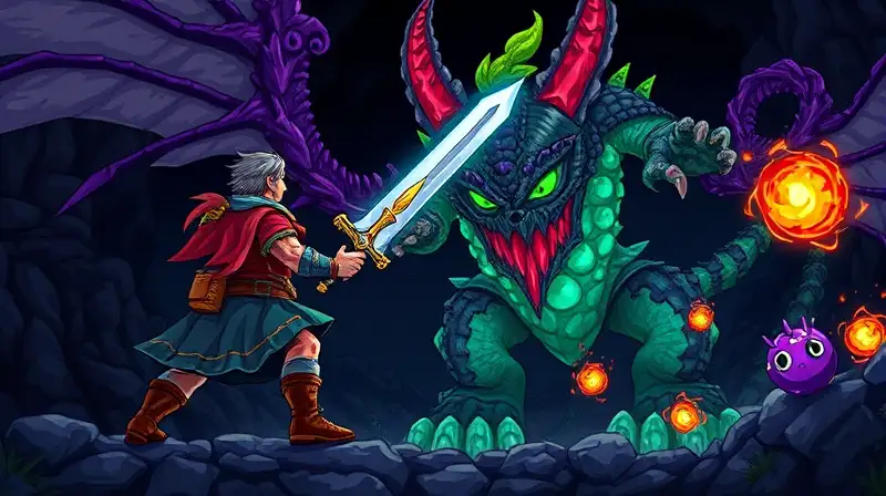 Personaje de Terraria lucha contra jefe gigante