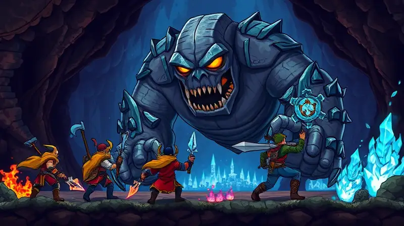 Jugadores cooperan contra Golem gigante brillante