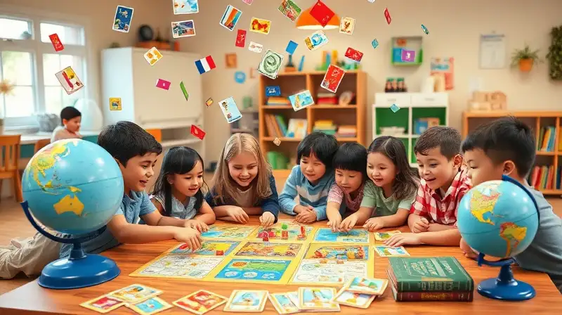 Niños aprenden jugando en aula colorida