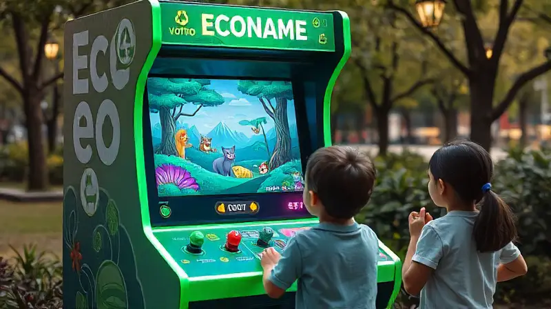Máquina arcade ecológica educativa con niños