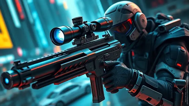 Francotirador cibernético con rifle futurista brillante
